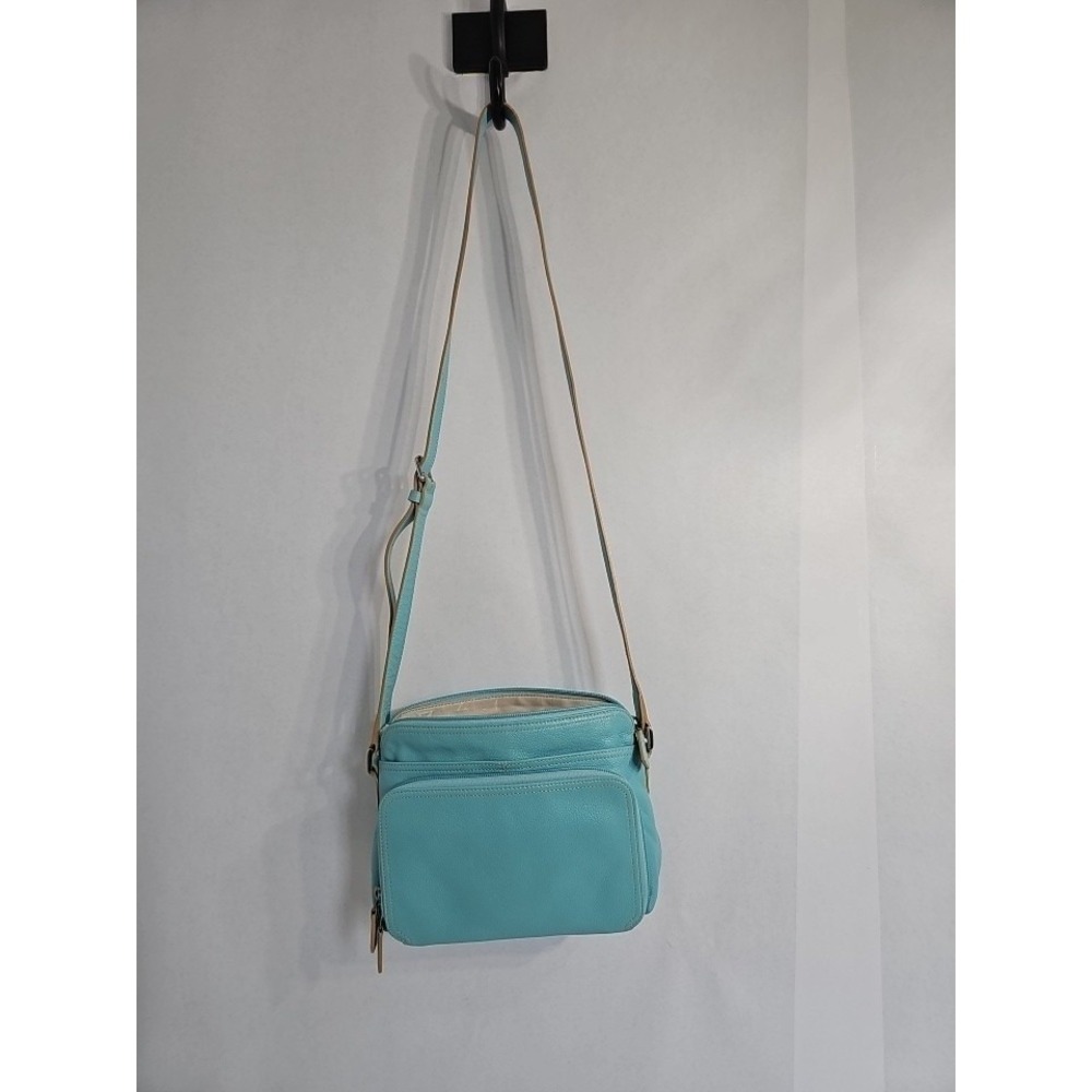 Levenger Robin Egg Blue Luxury‎ Leather Shoulder Bag Expand  - Inner Wallet -EUC